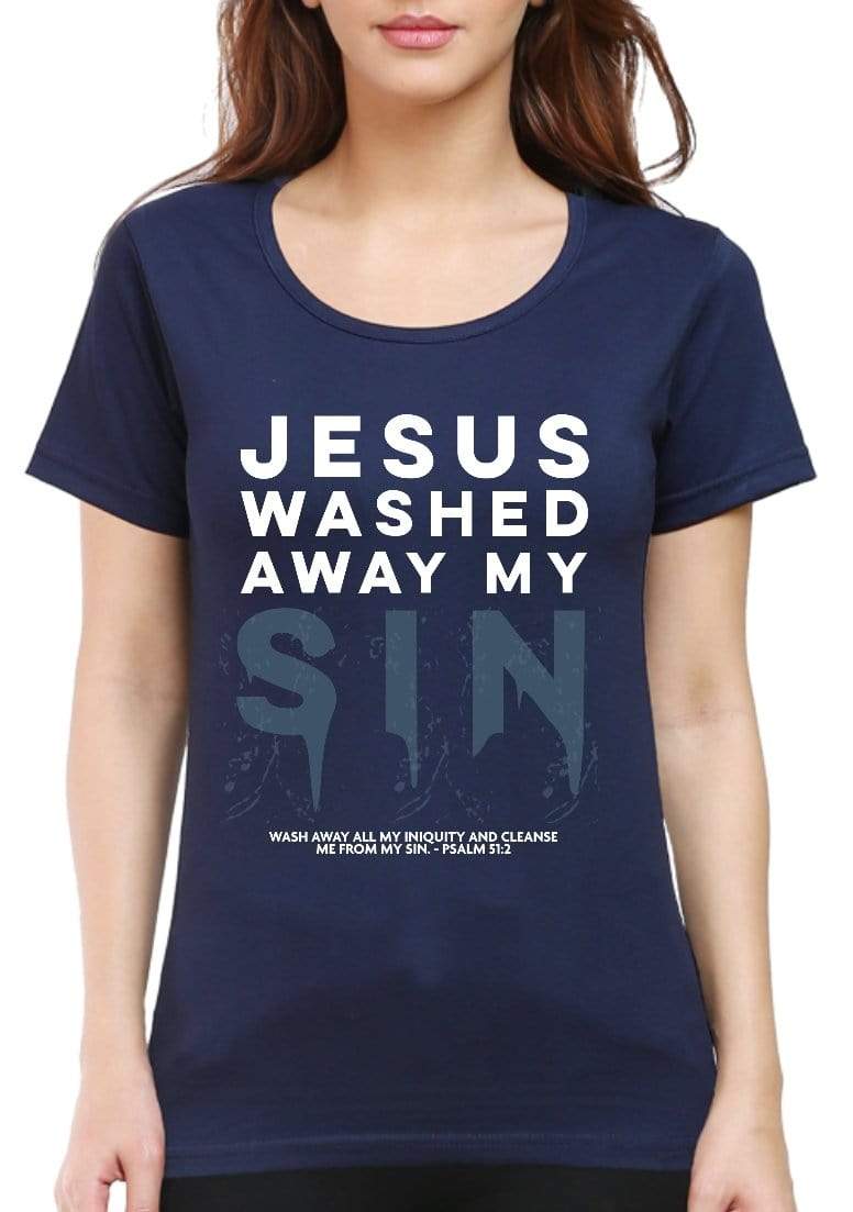 Living Words Women Round Neck T Shirt S / Navy Blue Jesus washed away my sins - Christian T-Shirt