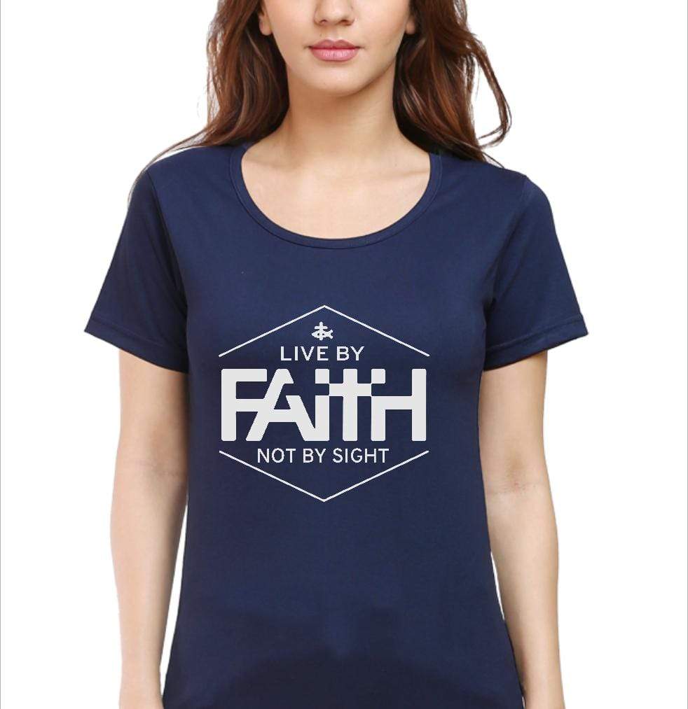 Living Words Women Round Neck T Shirt S / Navy Blue Live by faith - Christian T-Shirt
