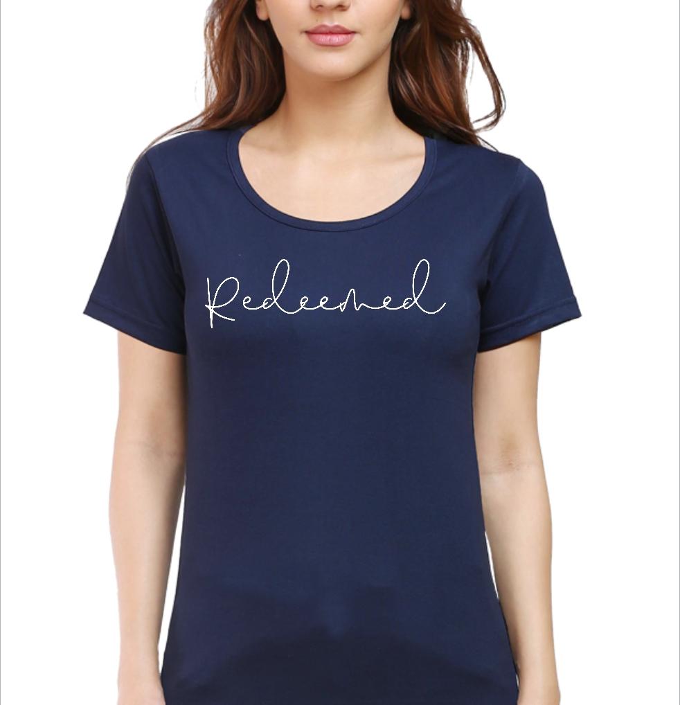 Living Words Women Round Neck T Shirt S / Navy Blue Redeemed - Christian T-Shirt