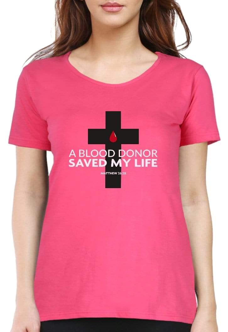 Living Words Women Round Neck T Shirt S / Pink Blood Donor - Christian T-Shirt