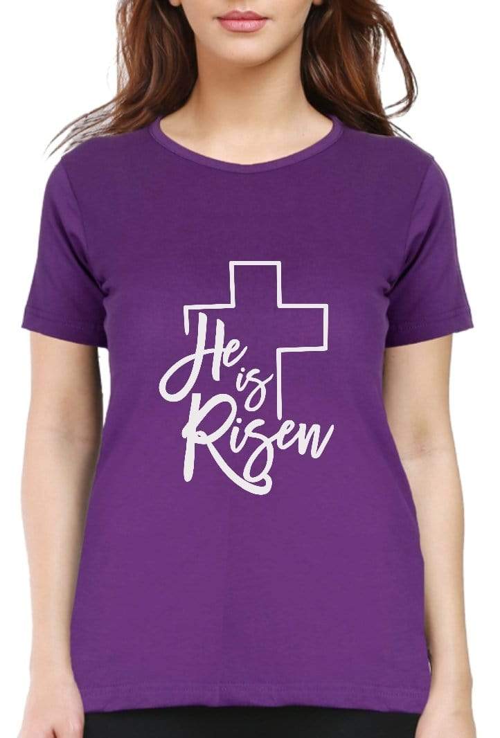 Living Words Women Round Neck T Shirt S / Purple He is risen - Christian T-Shirt