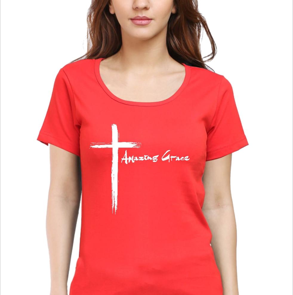 Living Words Women Round Neck T Shirt S / Red Amazing Grace Cross - Christian T-Shirt