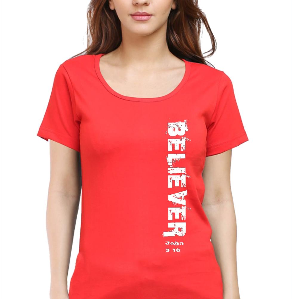 Living Words Women Round Neck T Shirt S / Red Believer - Christian T-Shirt