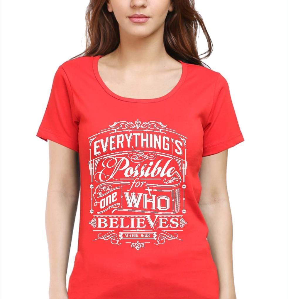 Living Words Women Round Neck T Shirt S / Red Everything possible - Christian T-Shirt