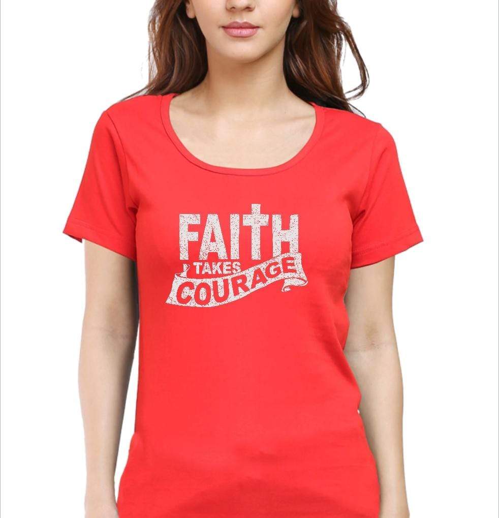 Living Words Women Round Neck T Shirt S / Red Faith takes courage - Christian T-Shirt