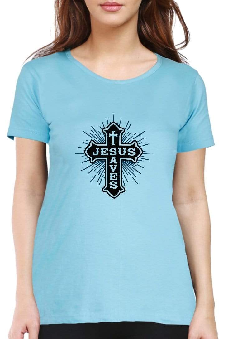 Living Words Women Round Neck T Shirt S / Sky Blue Jesus saves - Christian T-Shirt