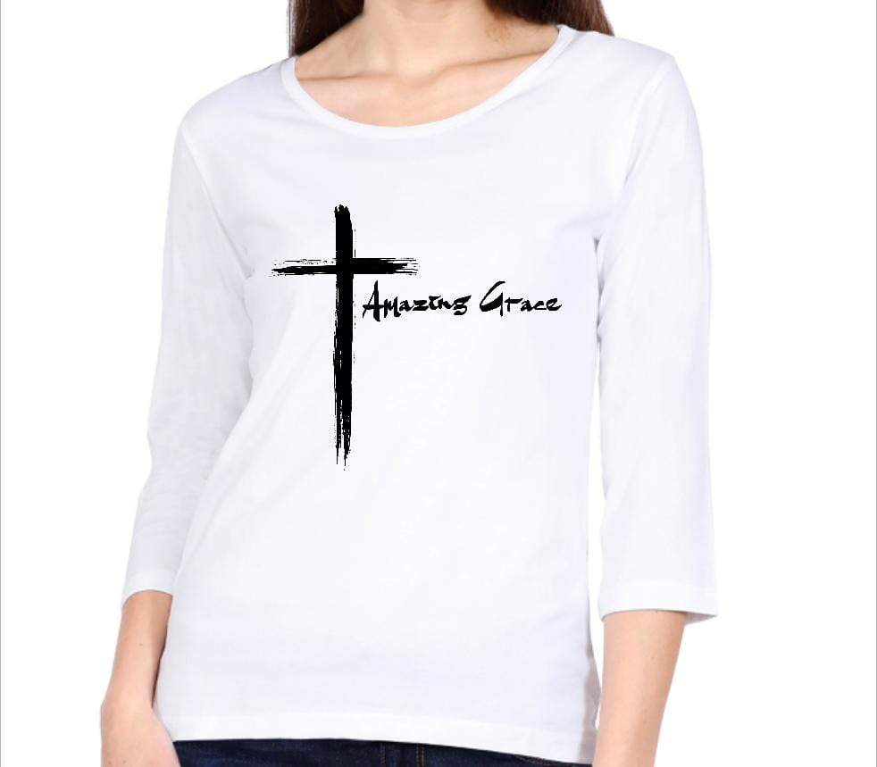 Living Words Women Round Neck T Shirt S / White Amazing Grace - Cross