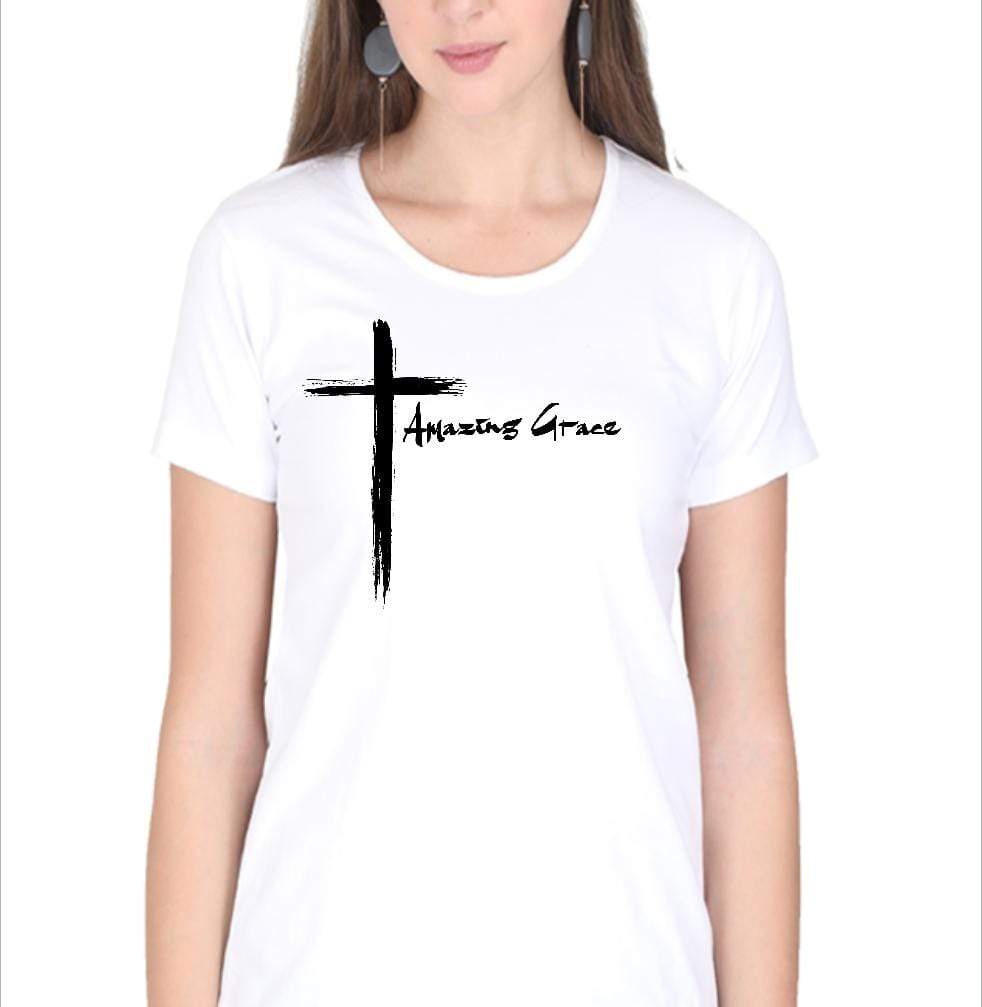 Living Words Women Round Neck T Shirt S / White Amazing Grace Cross - Christian T-Shirt
