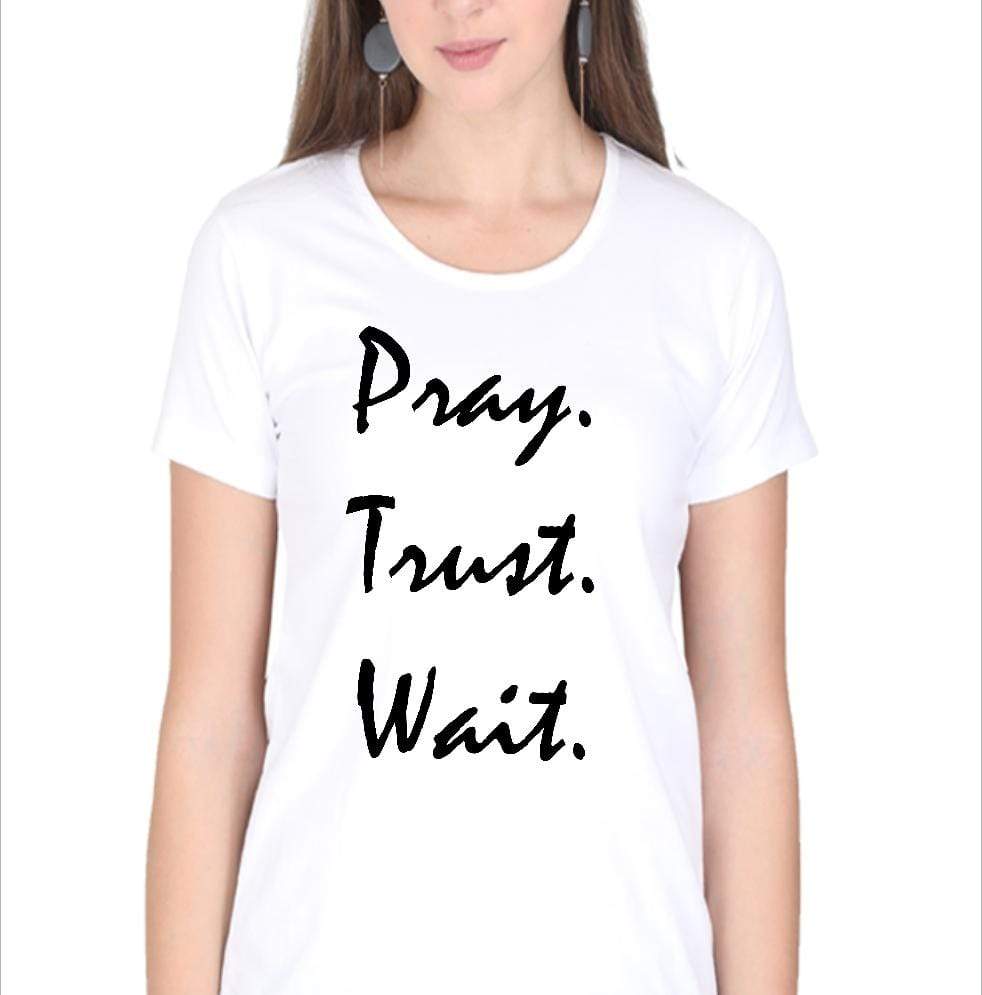 Living Words Women Round Neck T Shirt S / White Pray Trust Wait - Christian T-Shirt