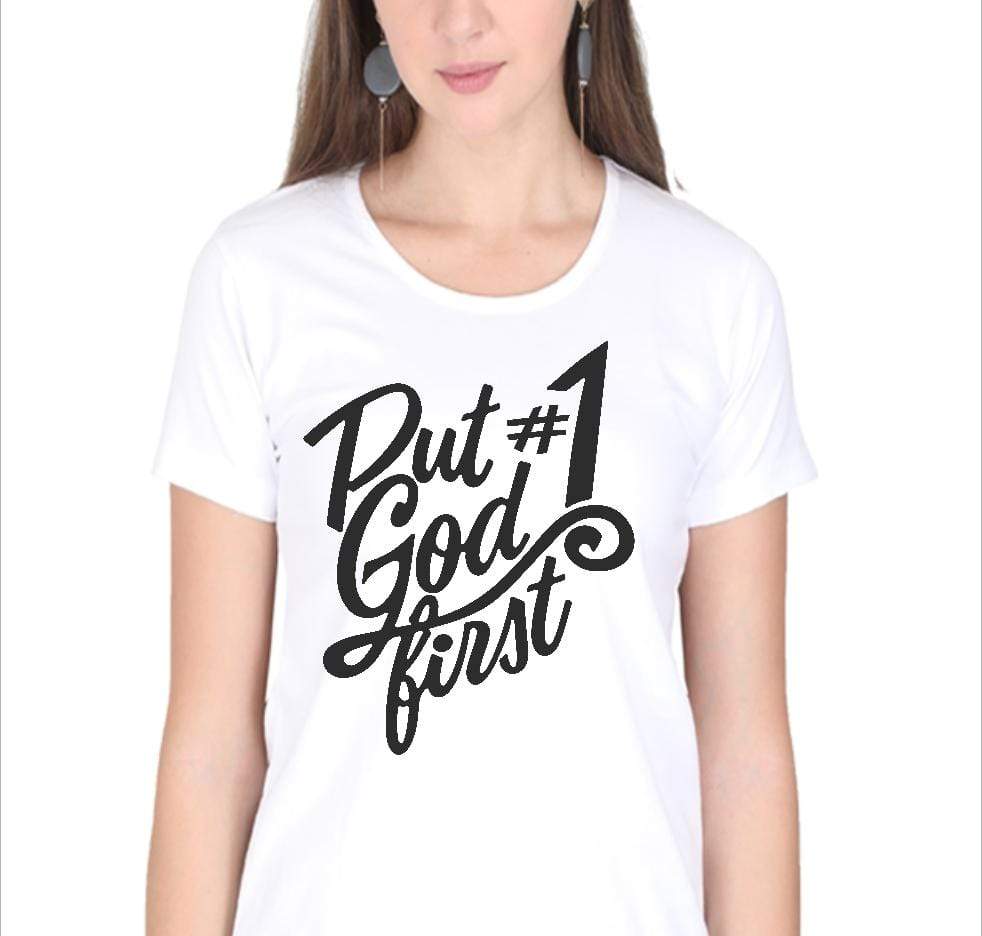 Living Words Women Round Neck T Shirt S / White Put God #1 - Christian T-Shirt
