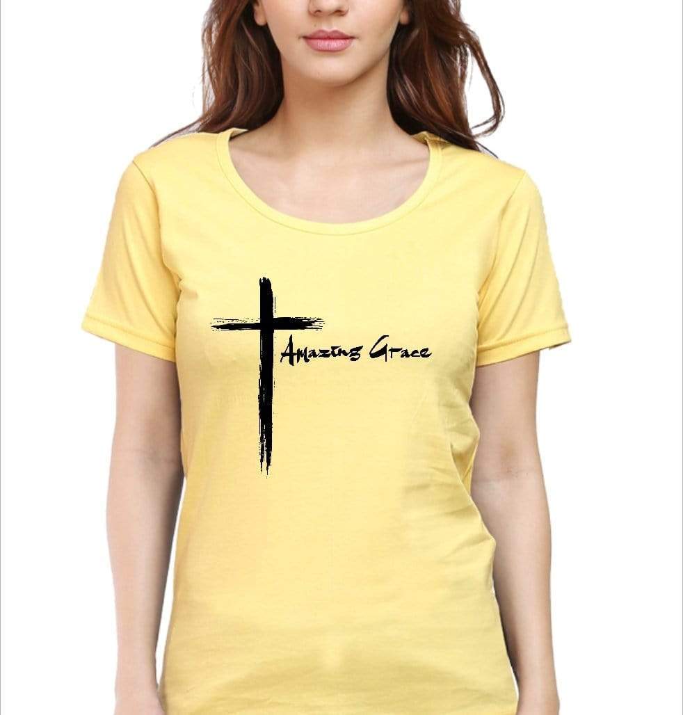 Living Words Women Round Neck T Shirt S / Yellow Amazing Grace Cross - Christian T-Shirt