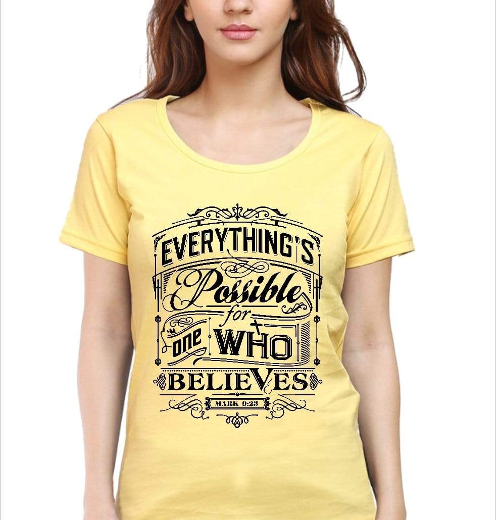 Living Words Women Round Neck T Shirt S / Yellow Everything possible - Christian T-Shirt