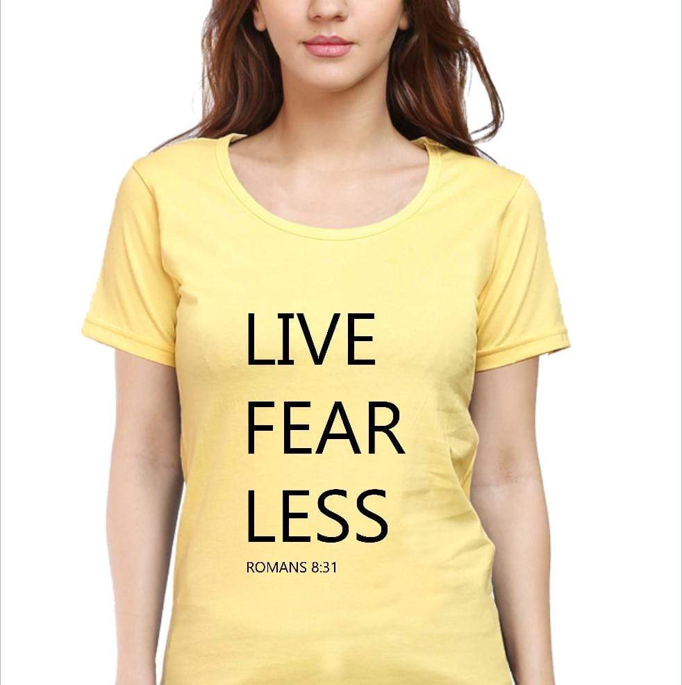 Living Words Women Round Neck T Shirt S / Yellow Live Fear Less - Christian T-Shirt