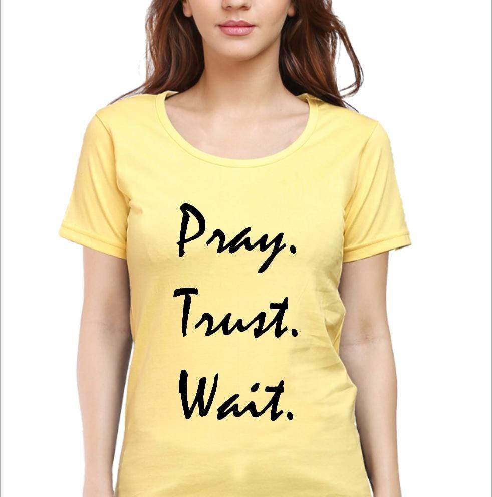 Living Words Women Round Neck T Shirt S / Yellow Pray Trust Wait - Christian T-Shirt