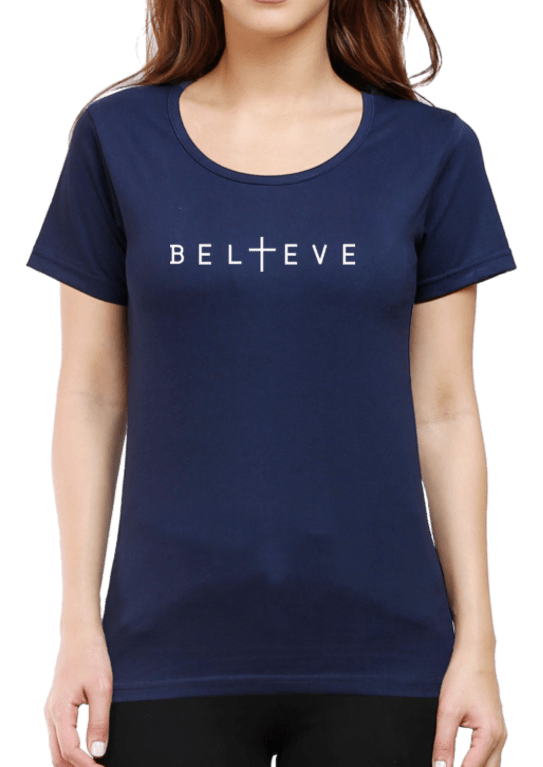 Living Words Women Round Neck T Shirt XS / Navy Blue BELIEVE - CHRISTIAN T-SHIRT