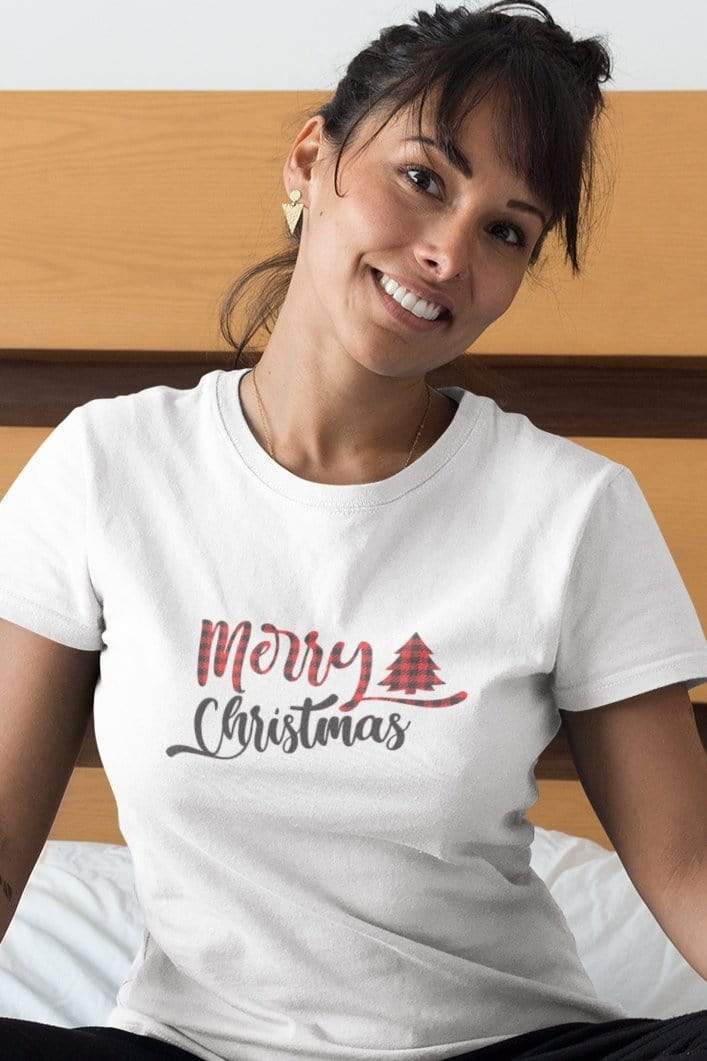 Living Words Women Round Neck T Shirt XS / White Merry Christmas Buffalo Plaid