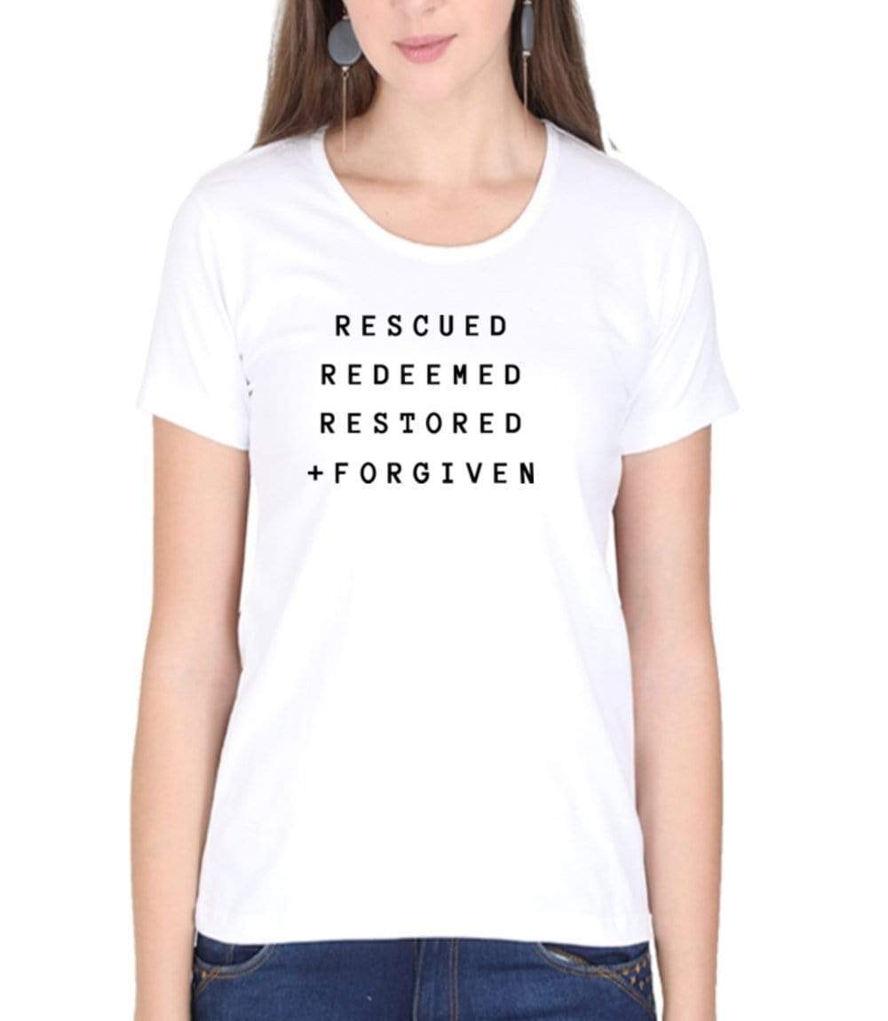 Living Words Women Round Neck T Shirt XS / White Rescued, Redeemed, Restored - Christian T-Shirt